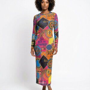 NYC Dress Y2K Mesh Graffiti Sheer Maxi Club Party Festival Orange Pink M